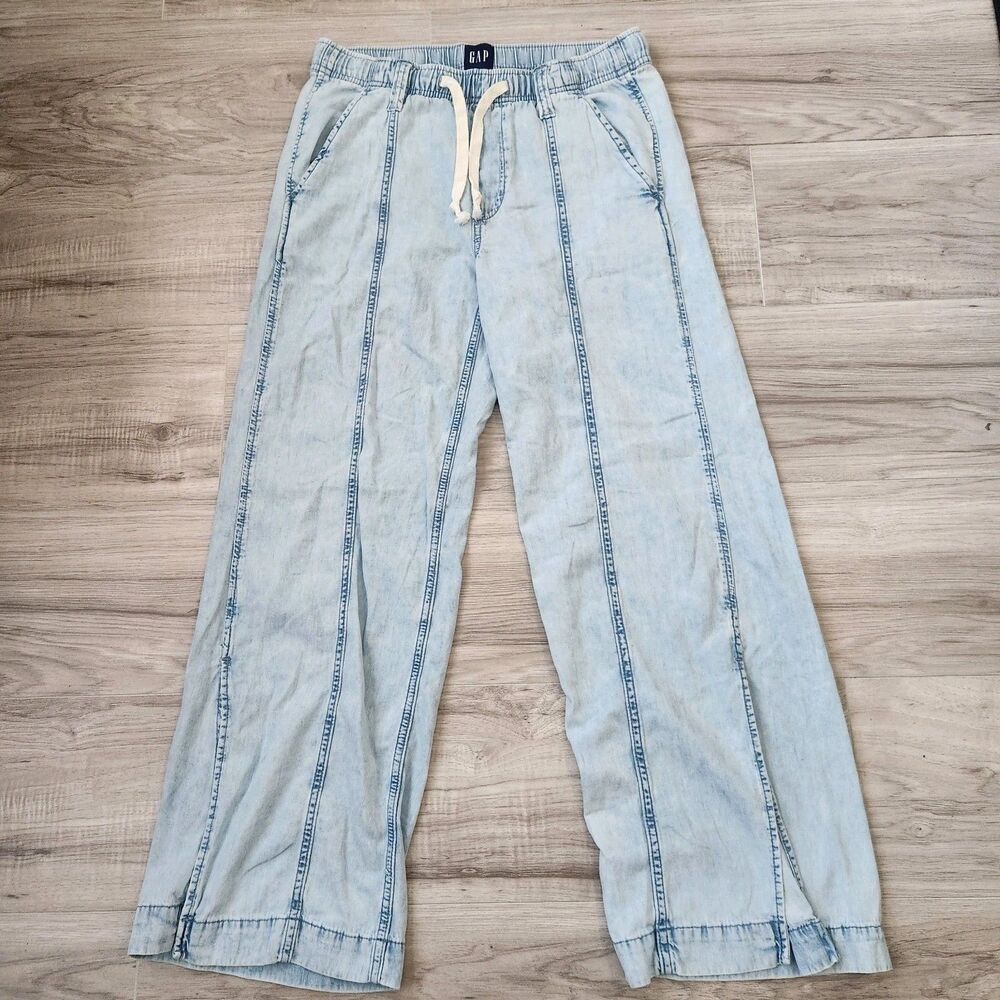 GAP Women’s Wide-Leg Jeans Light Wash Blue Denim Drawstring Pockets Size S